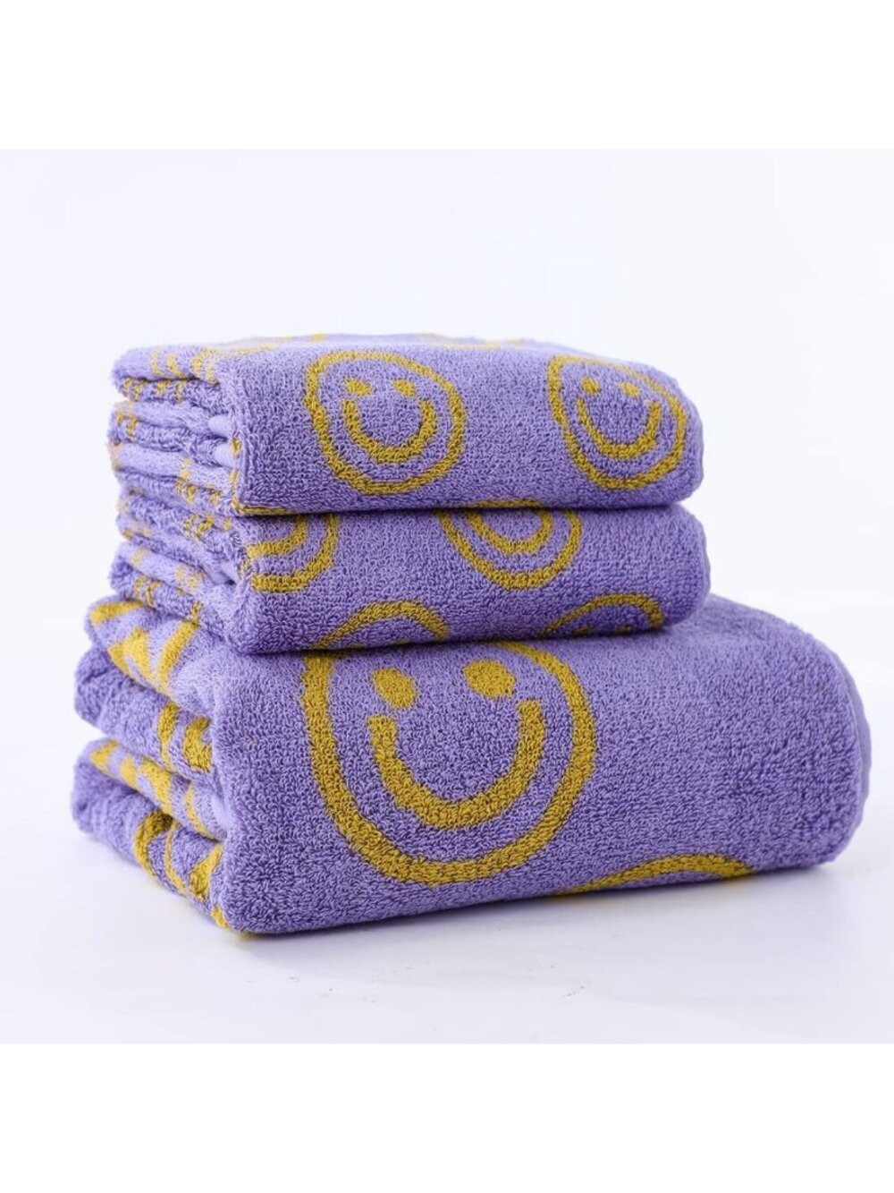 Ultra Soft Luxury Purple & Yellow Smiling Face Bath Towel Set - 1 Bath, 2 Hand